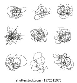 Set of random chaotic lines. Hand drawing insane tangled scribble clew. Vector icon isolated on white background.