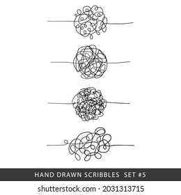 Set of random chaotic lines. Hand drawing insane tangled scribble clew. Vector icon isolated on white background.