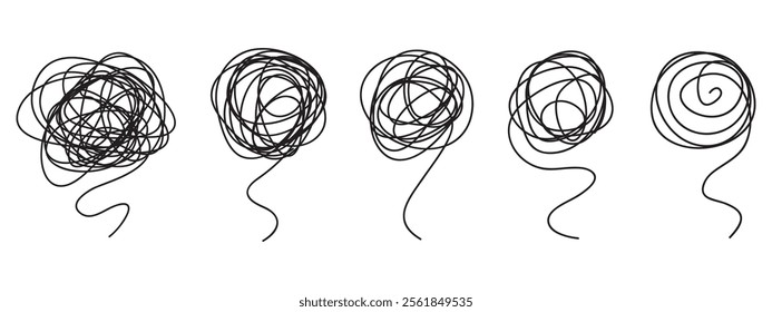 Set of random chaotic lines. Hand drawing insane tangled scribble clew. Vector icon isolated on white background.