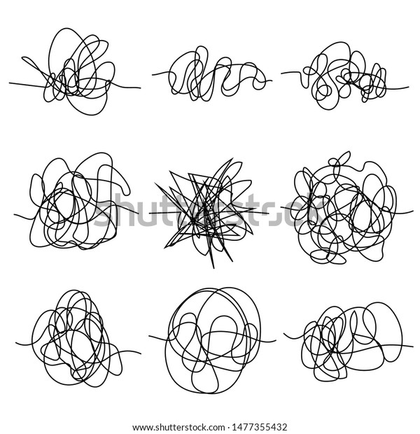 Set of random\
chaotic lines. Hand drawing insane tangled scribble clew. Vector\
icon isolated on white\
background.