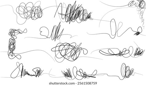 set random chaotic pen doodle strokes art, Coal line sketch, Seamless vector set of scribble patterns. Ink pen scrawls set. Random chaotic lines. Hand drawing insane tangled scribble clew.eps8