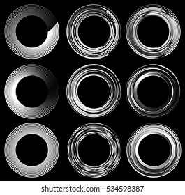 Set of random circle elements. Concentric circles, concentric rings. 9 different version.