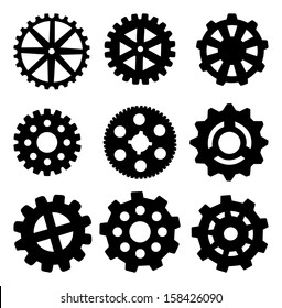 Set of Random Cogs and gears, black outline, vector illustration