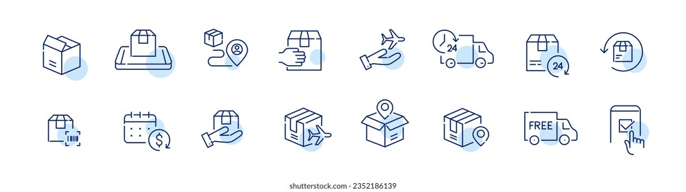 Set of random delivery icons. Tracking, bar code scanning, return and free shipping. Pixel perfect icon