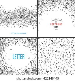 Set of random letters patterns. Abstract background with alphabet. Creative wallpaper design in office style. Mix of letter. Latin ABC. Promotion of reading publishing and copyright. Vector collection