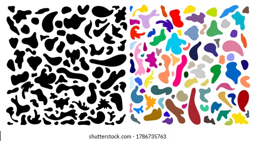 Set of random vector blotch, inkblot. Colored and black organic blob, blot. Drop of liquid, fluid. Pebble, stone silhouette. Ink stain, mottle spot irregular shape. Basic, simple rounded, smooth form.