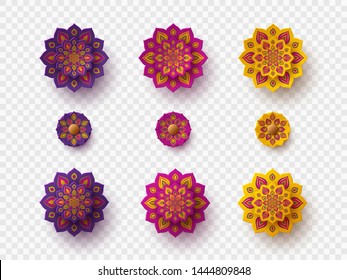 Set of rangoli for Diwali festival. Decorative 3d paper cut elements for holiday Deepawali design. Isolated on transparent, vector.