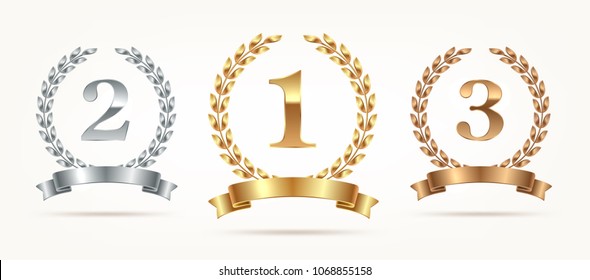 Set of rank emblems - gold, silver, bronze. First place, second place and third place signs with laurel wreath and ribbon. Vector illustration