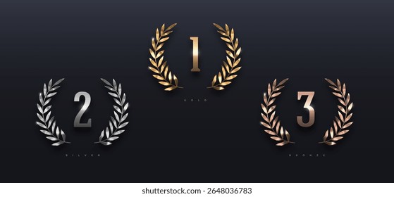 Set of rank emblems - golden, silver and bronze laurel wreath. First place, second place and third place signs with branches. Winner award and achievement heraldry symbol. Vector illustration.