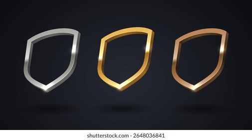 Set of rank shield emblems - gold, silver, bronze. First place, second place and third place signs. Vector illustration.