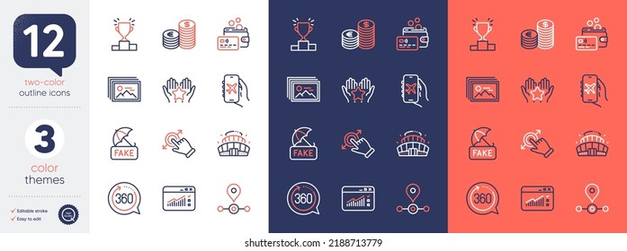 Set Of Ranking, 360 Degrees And Card Line Icons. Include Touchscreen Gesture, Fake News, Image Gallery Icons. Arena Stadium, Winner Podium, Currency Web Elements. Web Traffic, Station. Vector