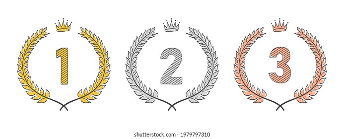 Set of ranking icon with wreaths and crown. Vector illustration of hand drawn wreaths