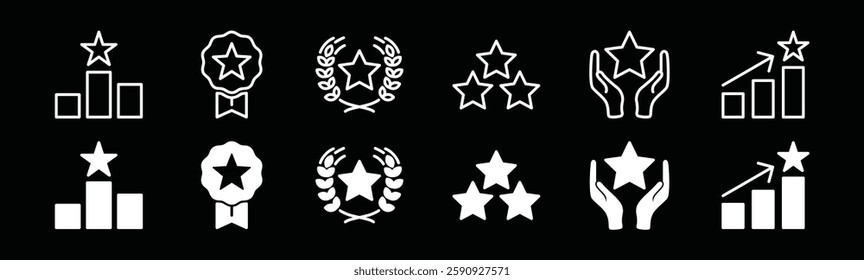 A set of ranking icons featuring badges, medals, stars, and victory symbols. Perfect for awards, achievements, and recognition in apps and websites.