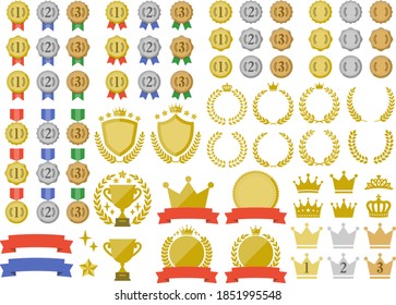 A set of ranking icons with a simple design such as medals, crowns and trophies.