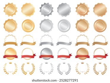 Set of ranking medals, crowns and ribbons