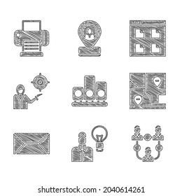 Set Ranking star, Human with lamp bulb, Project team base, Folded map location, Envelope, Marketing target strategy, Browser files and Printer icon. Vector