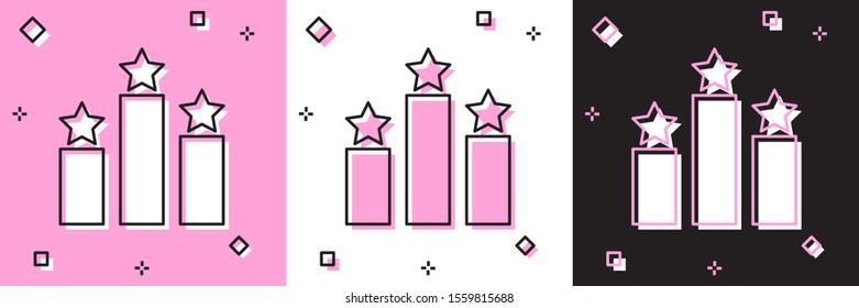 Set Ranking star icon isolated on pink and white, black background. Star rating system. Favorite, best rating, award symbol.  Vector Illustration