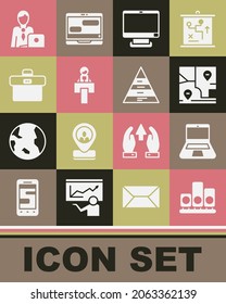 Set Ranking star, Laptop, Folded map with location, Computer monitor, Stage stand tribune, Briefcase, Businessman and Pyramid chart infographics icon. Vector