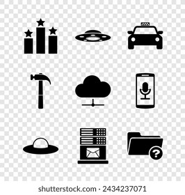 Set Ranking star, UFO flying spaceship, Taxi car, , Mail server and Unknown directory icon. Vector