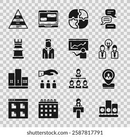 Set Ranking star, Worker location, People with lamp bulb, Piece of puzzle, Business strategy, Pyramid chart infographics and Training, presentation icon. Vector