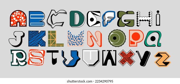 Set of ransom alphabet typographic shapes. Uppercase random types for the title. Latin letters for title cover design