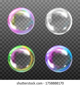  Set of ransparent soap bubbles on checkered background.Reaistic colored balls.Vector texture.