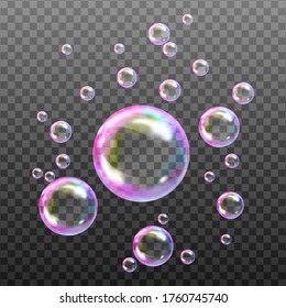  Set of ransparent soap bubbles on checkered background.Reaistic colored balls.Vector texture.