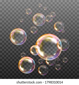  Set of ransparent soap bubbles on checkered background.Reaistic colored balls.Vector texture.