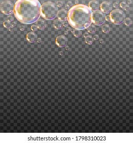  Set of ransparent soap bubbles on checkered background.Reaistic colored balls.Vector texture.