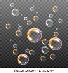  Set of ransparent soap bubbles on checkered background.Reaistic colored balls.Vector texture.