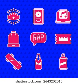 Set Rap music, Beer bottle, Paint spray can, Concert ticket, Skateboard, Winter hat, Laptop with and King crown icon. Vector