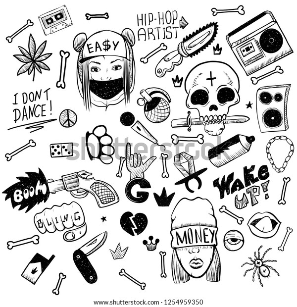 Set of rap music icons. Black isolated hip\
hop icon set attributes and accessories to create a hip hop style\
vector illustration