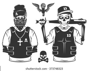 Set of rap skull and hip hop skeleton black and white style