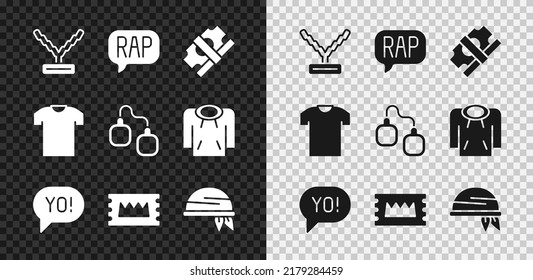 Set Rapper chain, music, Stacks paper money cash, Yo slang lettering, Concert ticket, Bandana, T-shirt and Handcuffs icon. Vector