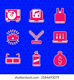 Set Rapper chain, Paint spray can, Money bag, Sound or audio recorder, Glasses, King crown, Undershirt and Vinyl player with vinyl disk icon. Vector