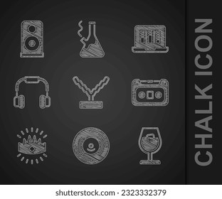 Set Rapper chain, Vinyl disk, Wine glass, Retro audio cassette tape, King crown, Headphones, Sound or recorder and Stereo speaker icon. Vector