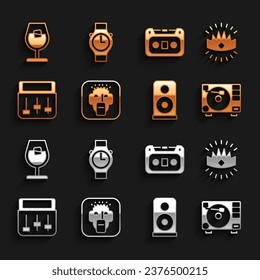Set Rapper, King crown, Vinyl player with vinyl disk, Stereo speaker, Drum machine music, Retro audio cassette tape, Wine glass and Wrist watch icon. Vector