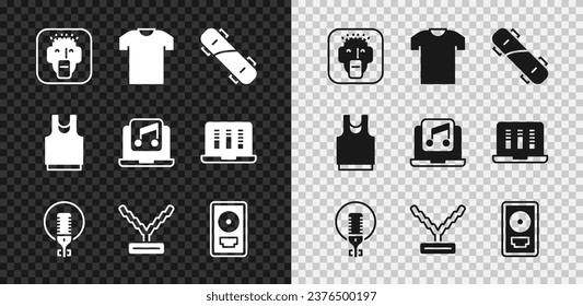 Set Rapper, T-shirt, Skateboard, Microphone, chain, CD disk award frame, Undershirt and Laptop with music icon. Vector