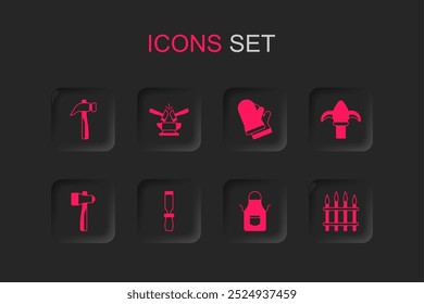 Set Rasp metal file, Anvil and hammer, Hammer, Blacksmith apron, Classic iron fence, Protective gloves and  icon. Vector