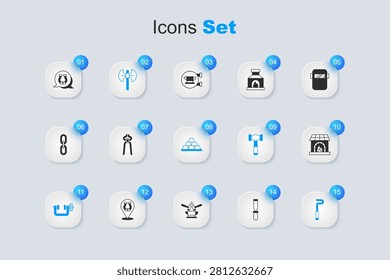 Set Rasp metal file, Blacksmith pliers tool, Medieval poleaxe, Clamp and screw, Fire poker, oven, Horseshoe and Gold bars icon. Vector