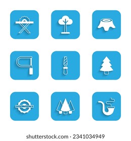 Set Rasp metal file, Christmas tree, Smoking pipe, Electric circular saw, Hacksaw, Tree stump and  icon. Vector