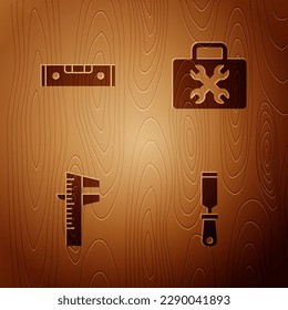 Set Rasp metal file, Construction bubble level, Calliper or caliper and scale and Toolbox on wooden background. Vector