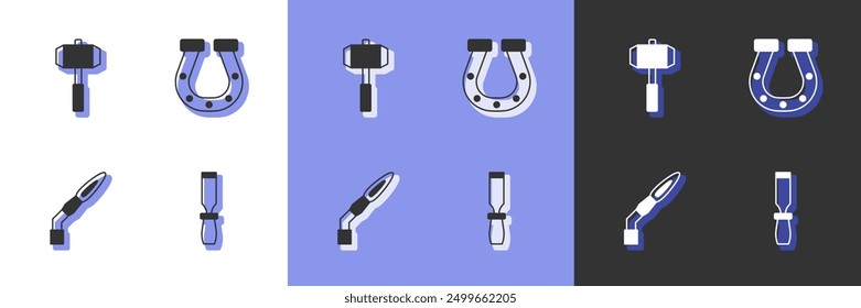 Set Rasp metal file, Sledgehammer, Welding torch and Horseshoe icon. Vector