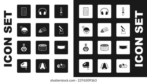 Set Rasp metal file, Wooden beam, Electric circular saw, axe in stump, Headphones, Two-handed and Grapple crane grabbed log icon. Vector