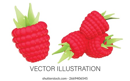 Conjunto de frambuesas - Vector 3D de rebanada entera y media sobre fondo blanco