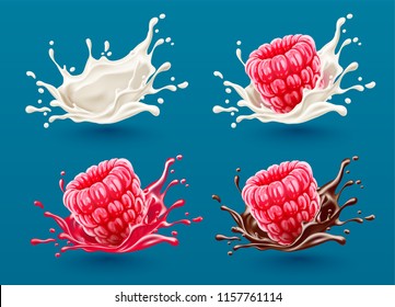 Set of raspberry berries dropping into milk and splash with drops. Chocolate and juice splashes of sweet liquids. EPS10 vector illustration, gradient mesh used.