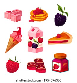 Set of raspberry and blackberry products, icons