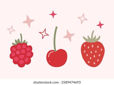 Set of raspberry, cherry and strawberry. Vector illustration with fresh berries drawn by hand. Cute fresh fruits isolated on white background. Suitable for printing on paper, surfaces, packagi