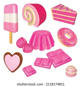 Set of Raspberry Desserts Isolated on White Background. Cake, Pudding, Chocolate, Popsicle, Donut, Swiss Roll, Candy and Cookie in Pink. Valentine’s Day Image. Vector 3D Realistic Illustrations.