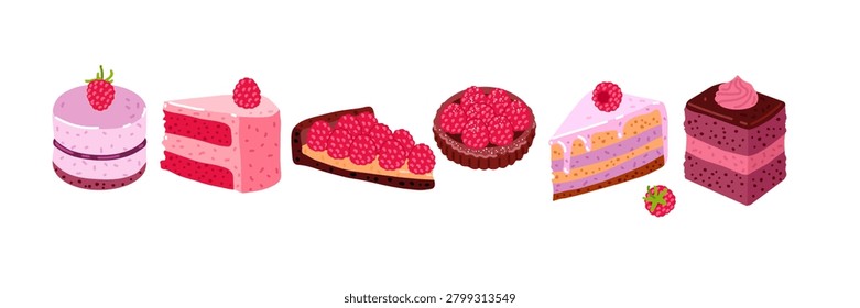 Set of raspberry desserts. Tart, cake slices, bento cake, and sand tartlet. Flat vector illustration for bakery menu, dessert poster, confectionery label, recipe card, cafe branding, or food blog